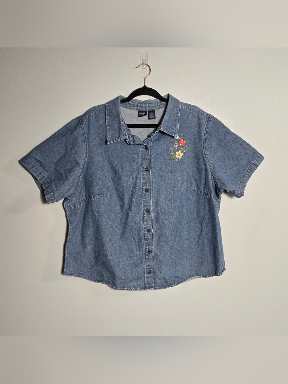 Basic Editions Vintage Floral Embroidered Denim Button Up Shirt Top Size 2X